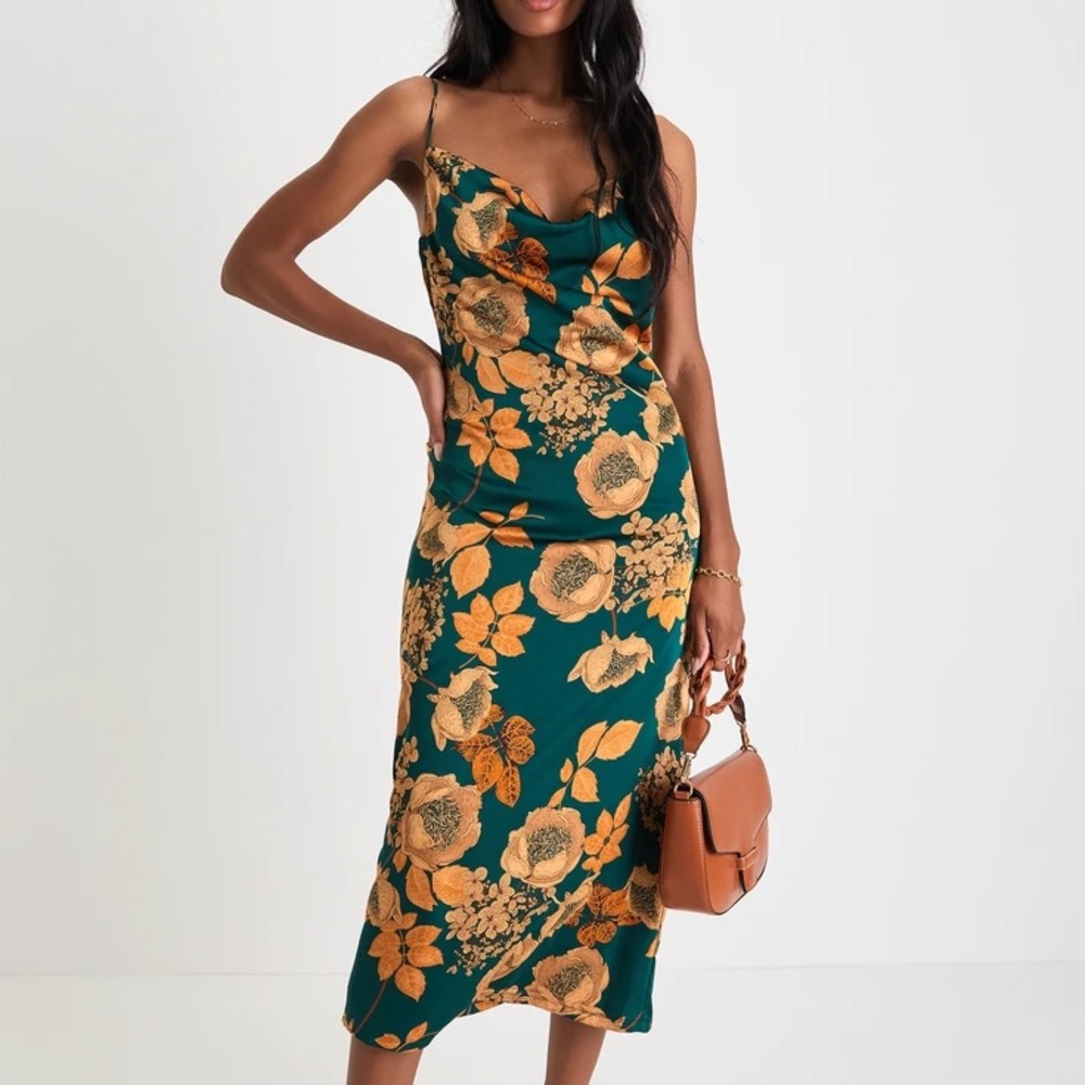 Lulus Favorite Icon Green Floral Satin Cowl Neck Slip Midi Dress in X-Large